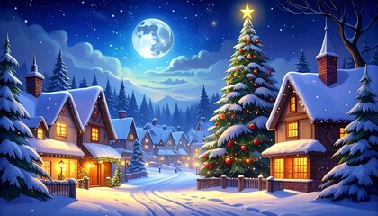 Fototapeta premium Snowy Christmas village at night