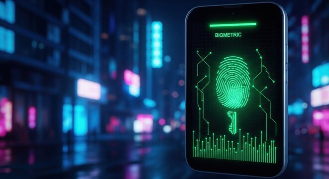 Biometric Fingerprint Scan on Smartphone in Futuristic Night City