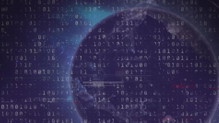 Animation of binary codes over globe rotating on digital interface - Powered by Adobe