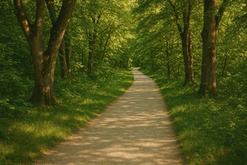 Obraz premium Vintage-style pathway surrounded by dense foliage on a sunny summer day