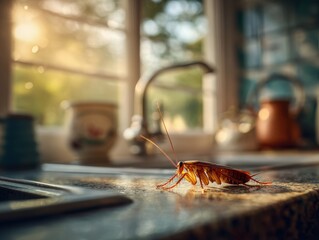 Cockroach crawling on kitchen counter in morning light close up shot of pest infestation concept