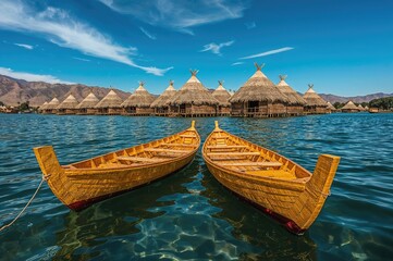 Obraz premium Traditional reed boats on floating islands in a high-altitude lake