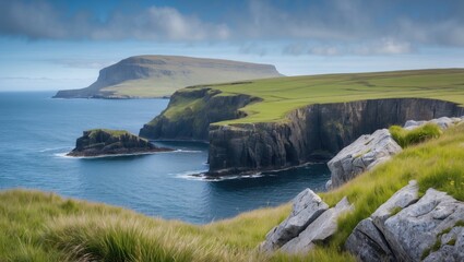 Naklejka premium Steep rocky cliffs and peninsular landform with distant island scenery