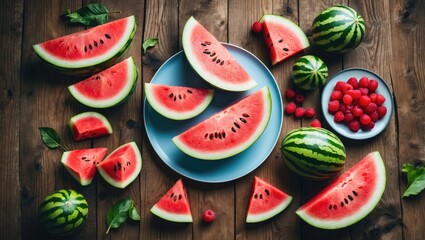 Bird's-eye perspective of a watermelon slice resting on a plate atop a wooden table, featuring a shallow depth of field and empty space