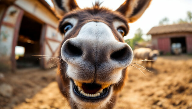 Close-up fisheye portrait of a smiling farm donkey with expressive features
