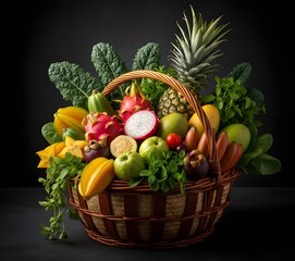 Basket of Tropical Fruits and Vegetables on Black Background
