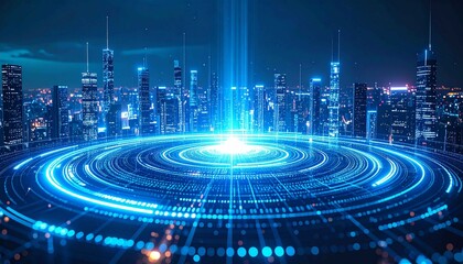 Bright blue light radiates from a circular energy center, creating a dynamic data ring or digital circuit above a modern urban landscape filled with skyscrapers