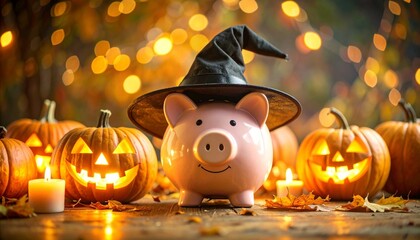 Halloween piggy bank with witch hat surrounded by pumpkins and autumn leaves