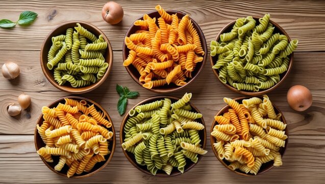 Uncooked multi-colored spiral pasta seen from above on a rustic wooden table, leaving room for additional graphics or words