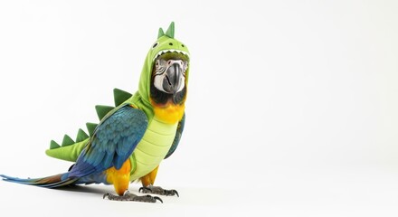 parrot dressed as a dinosaur, Halloween costume, prehistoric dino costume