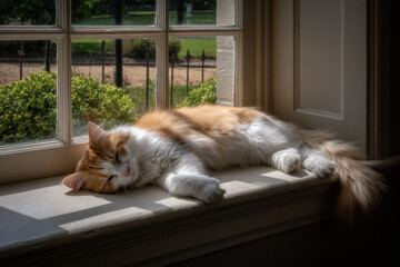 fluffy cat lounging gracefully on windowsill basking in warm sunlight streaming in