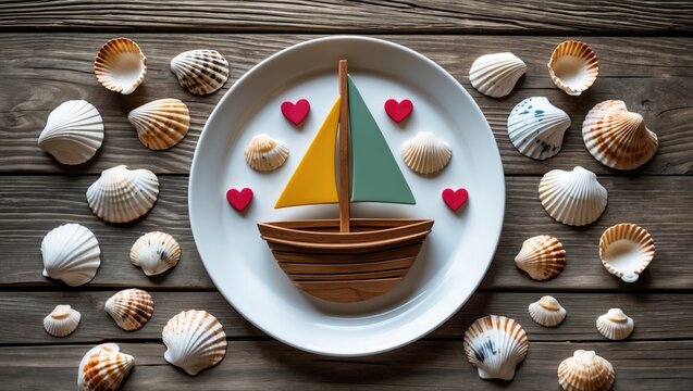 Overhead shot of a seasonal plate featuring maritime motifs like boats, shells, and hearts on wood