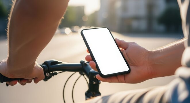 Man cycling outdoors, holding smartphone with blank screen. - Powered by Adobe