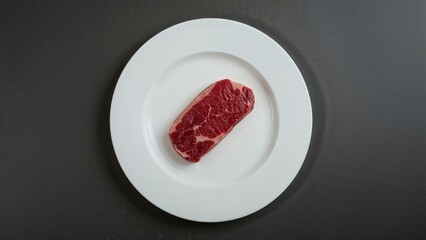 Bird's-eye view of raw steak fillet presented on a plate