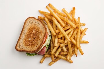 Overhead shot of crispy potato fries and a sandwich. Quick meal takeaway with empty space for text.