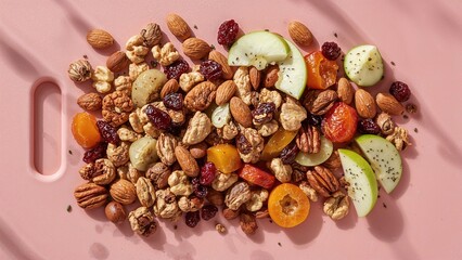 Obraz premium Bird's-eye view of a mixed trail blend featuring nuts and fruits placed on a pink cutting board