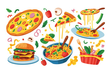 Delicious assortment of italian food and fast food favorites