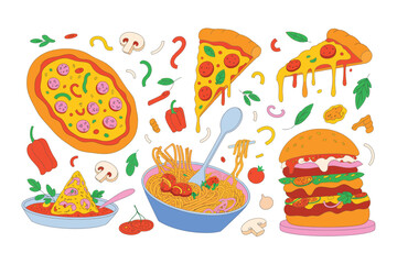 Vibrant collection of delicious fast food and italian cuisine illustrations