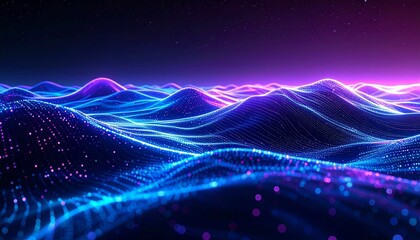 A stunning abstract featuring waves of glowing particles in neon blue and purple hues. This futuristic design creates a dynamic, high-energy digital atmosphere, ideal for technologists