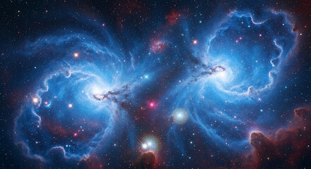 Stunning cosmic nebula image, showcasing vibrant blue and red hues, symbolizing the vastness and mystery of space, ideal for astronomy or science-fiction themes