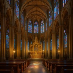 Obraz premium Divine Light Cathedral Interior with Stained Glass and Sacred Architecture