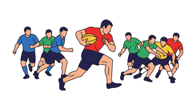Rugby Action: An illustration captures the dynamic intensity of a rugby game, players in full stride, with the focal point on a player charging forward with the oval ball. - Powered by Adobe