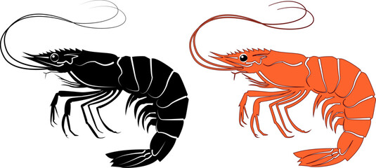 Flat vector illustration of red black shrimp icon in simple graphic design for seafood logo.