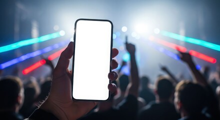 A person holds a smartphone with a blank screen at a lively concert, capturing the energy.