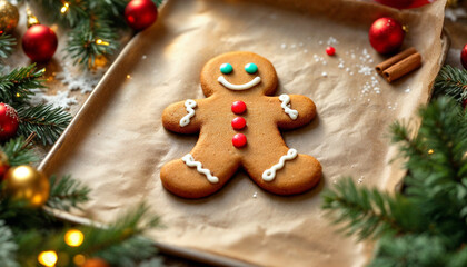 Close-up of homemade gingerbread cookies with festive Christmas decorations
