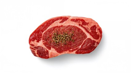 Obraz premium Overhead shot of uncooked beef steak seasoned on a white surface