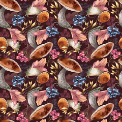 Warm autumn forest watercolor seamless pattern hand painted isolated on dark. Fall repeat background of porcini, berries, and colorful foliage. Botanical illustration for seasonal packaging, fabric.