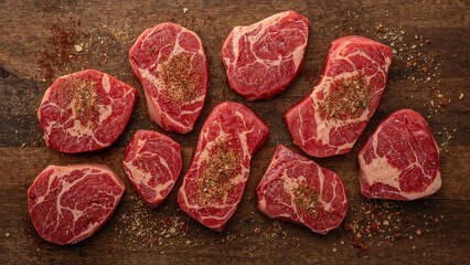 Aerial image of various fresh beef steaks seasoned and placed on a chopping board.