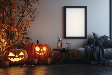 Obraz premium Spooky illuminated jack-o'-lanterns and autumn leaves create a festive Halloween atmosphere indoors