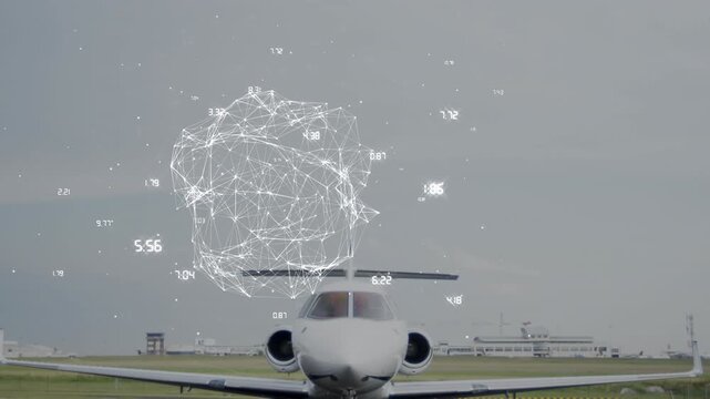 Animation of network of connections and processing data over jet plane on runway at airport - Powered by Adobe