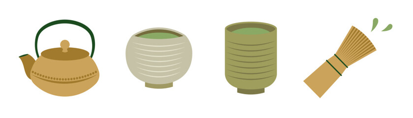 Obraz premium 湯呑と茶器や急須のセット（ベクターイラスト お茶 抹茶 緑茶 煎茶）