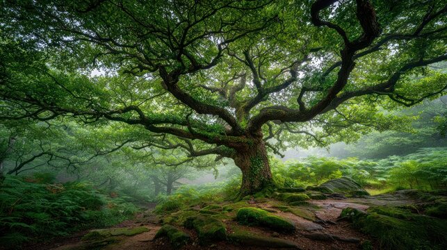 Ancient tree in misty forest