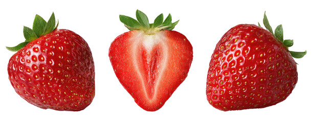 Three strawberries, one whole and two halves,  displaying vibrant red color and green leaves