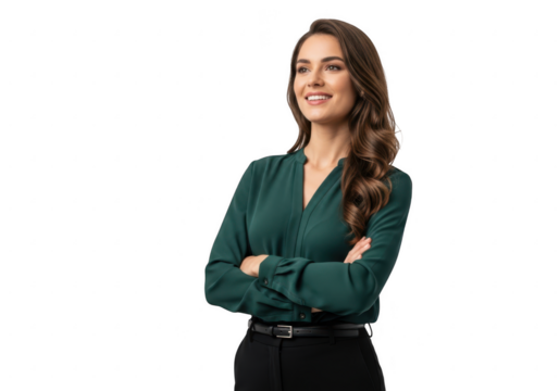 Confident business woman with arms crossed isolated on transparent background