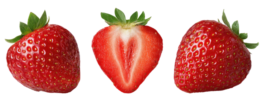 Three strawberries, one whole and two halves,  displaying vibrant red color and green leaves