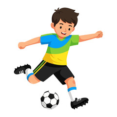 Football Action: A cheerful young boy skillfully kicks a football on a vibrant green field, showcasing the joy and energy of youth sports and the love of football.