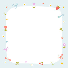 Cute kawaii template square vector frame. Cartoon hand-drawn doodle style. Perfect for stationery, design stickers for notes, notebook sheets, posts for social networks. Pastel palette.