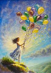 Happy girl holding colorful balloons on a hilltop painting