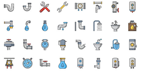 Colorful hand-drawn plumbing icon set featuring pipes, tools, fixtures, and water heaters.