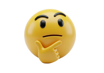 Yellow emoji face thinking with hand on chin isolated on transparent background