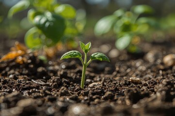 Close-up of a young tomato plant growing in soil outdoors