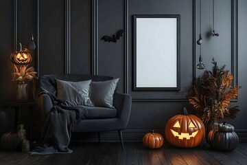Obraz premium Spooky Halloween pumpkins glow brightly in a dimly lit, elegantly decorated room with cozy throws and autumn leaves