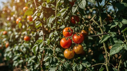 Tomatoes flourishing on sprawling green vines