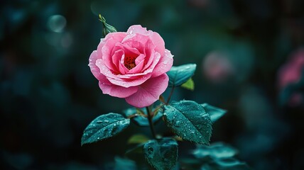 Close-up of Pink Rose in Garden with Soft Focus, Dark Green Leaves, Valentine's Card Material

