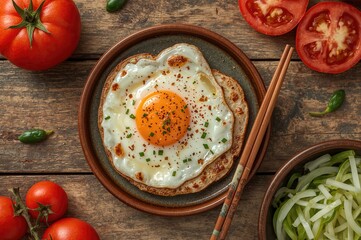 Egg with melted cheese topped with tomato and pepper on rustic wood