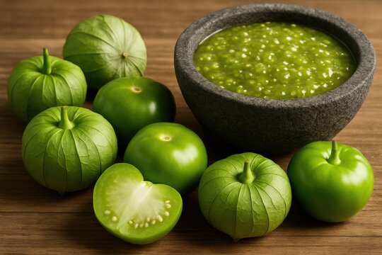 Green tomatoes and tomatillos prepared with authentic green sauce in a molcajete